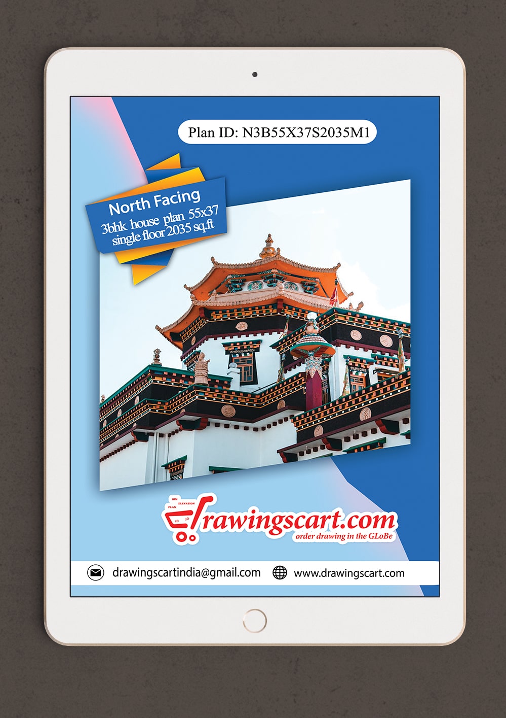 55x37 North Facing 3BHK House Plan 2035 sq. ft with Pooja Room - Single Floor 