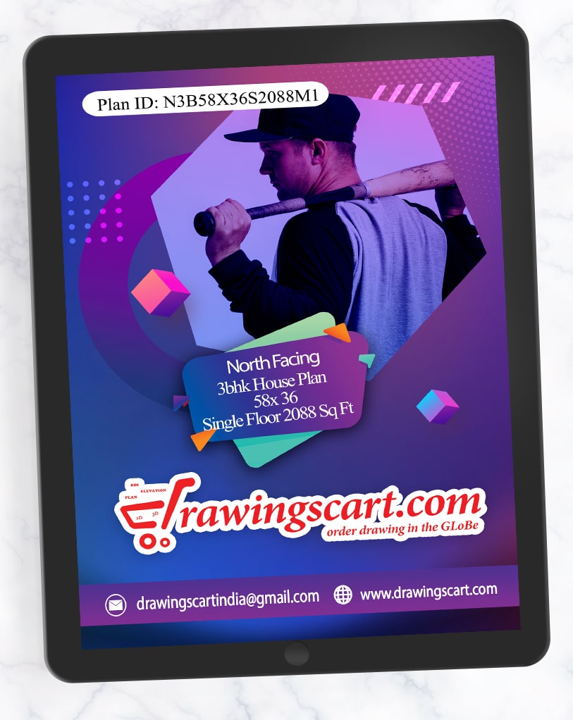 58x36 North Facing 3BHK House Plan 2088 sq. ft- Single Floor 