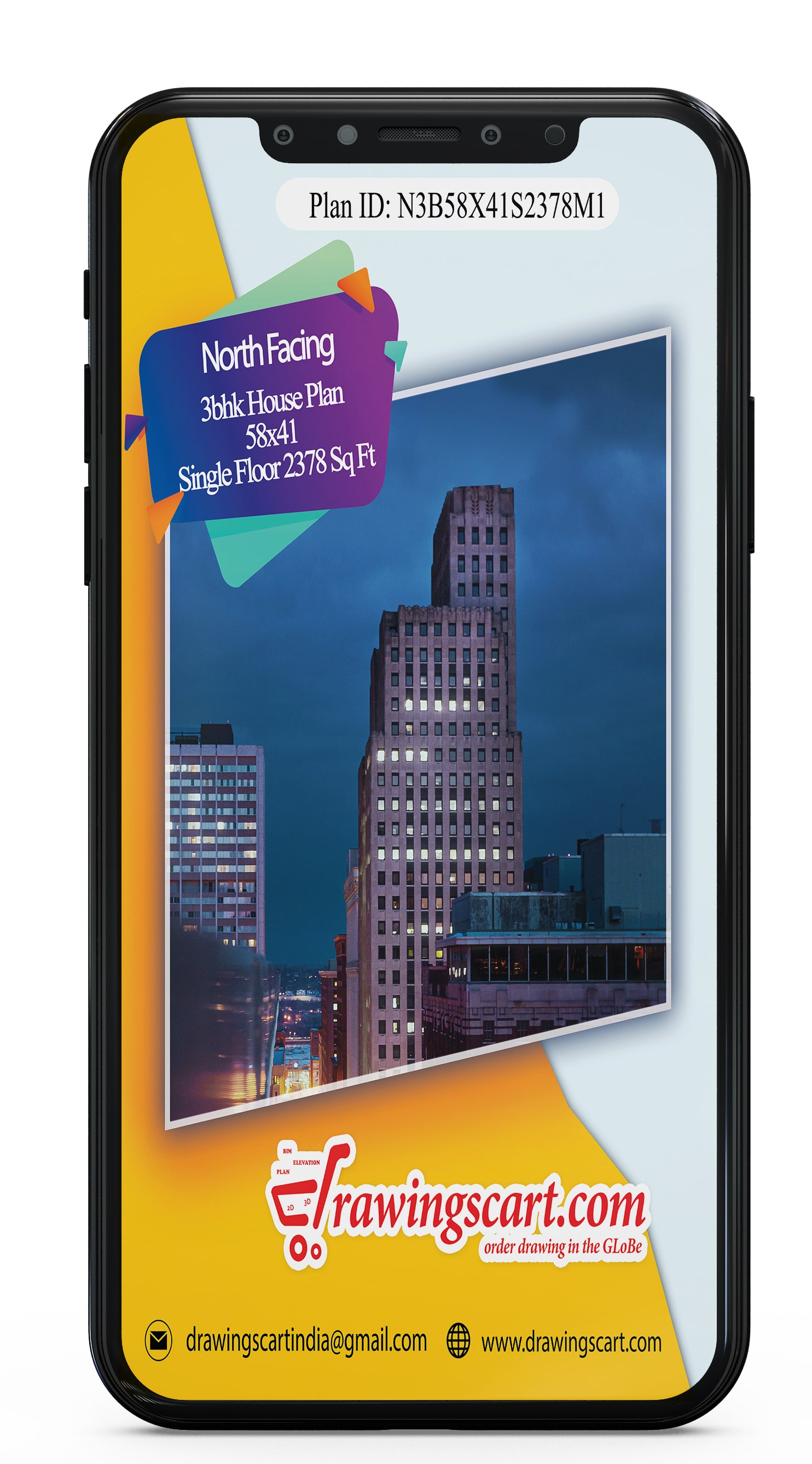 58x41 North Facing 3BHK House Plan 2378 sq. ft with Big Living Hall - Single Floor 