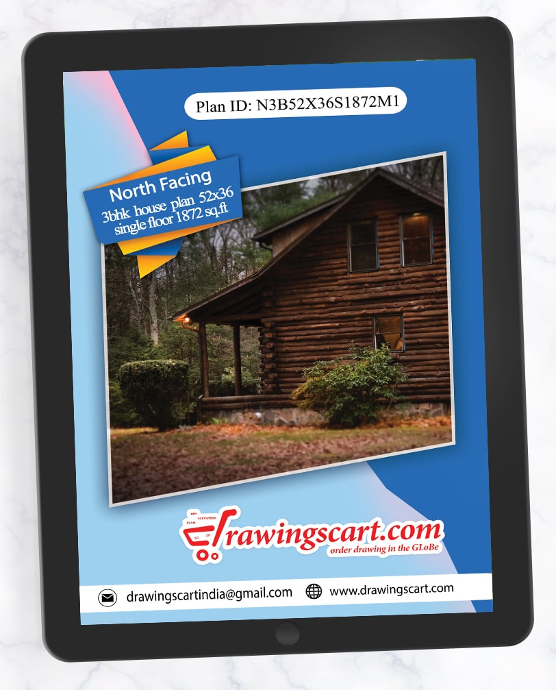 52x36 North Facing 3BHK House Plan 1836 sq. ft - Single Floor 