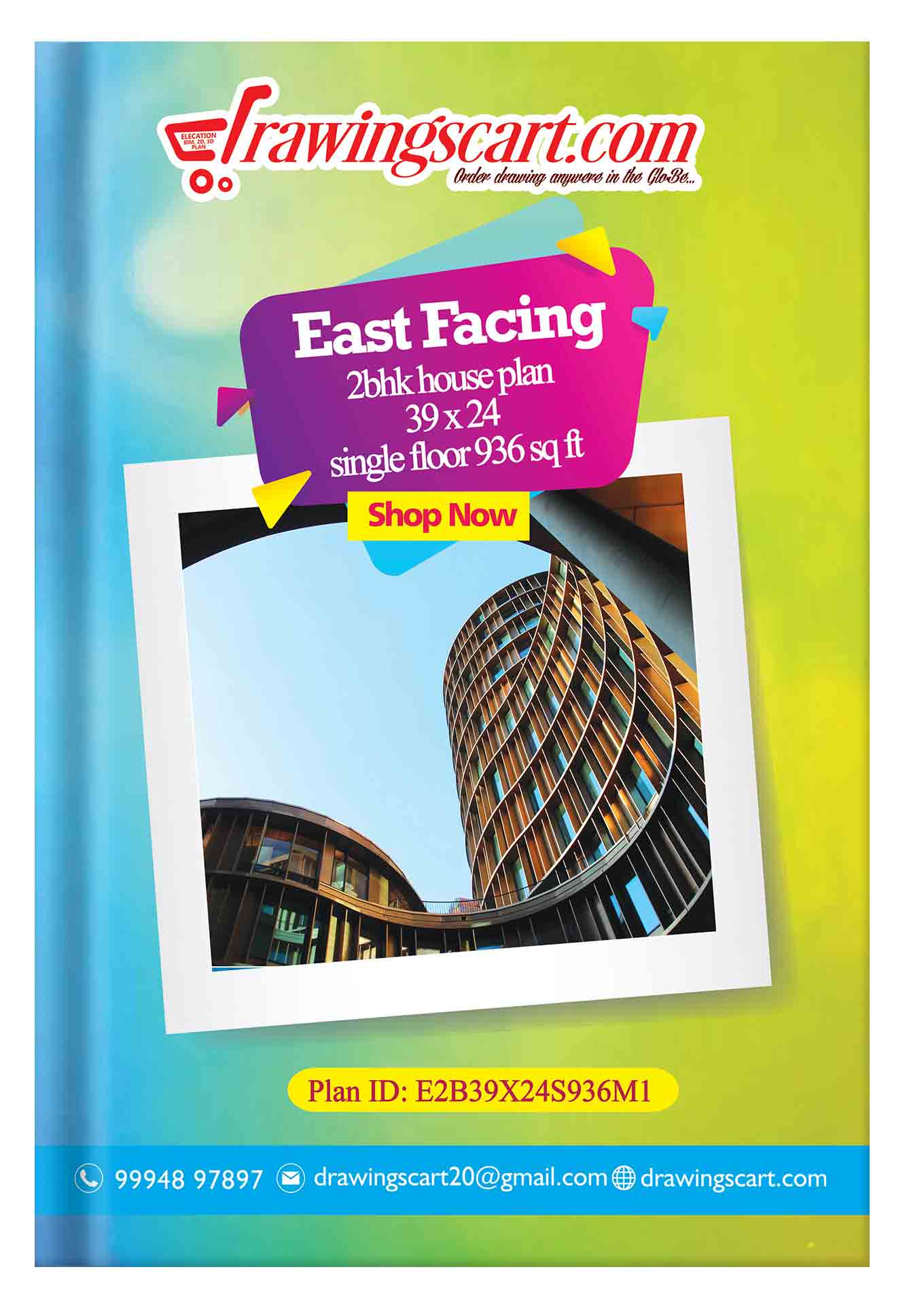 Modern East Facing 2BHK House Plan - Single Floor, 39x24, 936 sq ft 