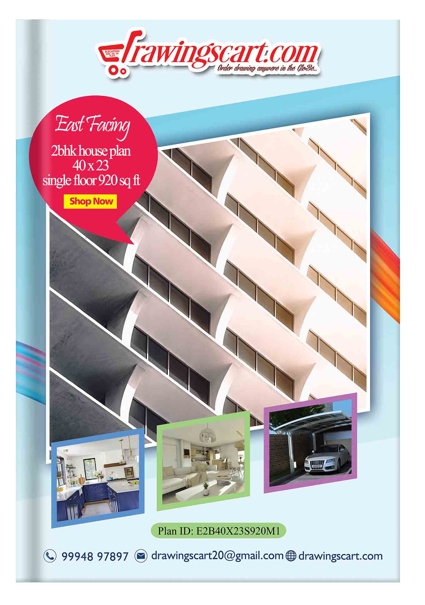 Contemporary East Facing 2BHK House Plan - Single Floor, 40x23, 920 sq ft