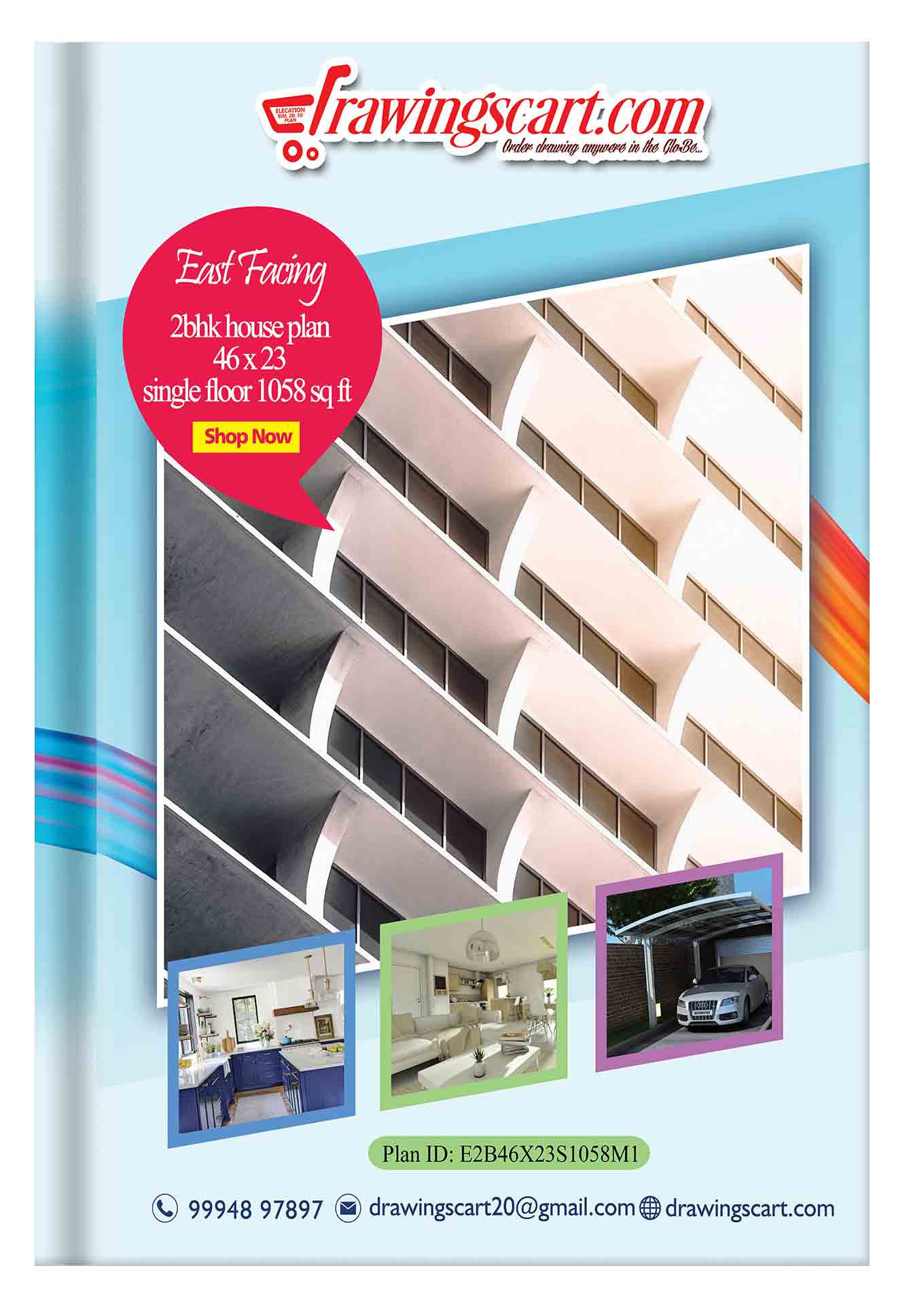 Contemporary East Facing 2BHK House Plan - Single Floor, 46x23, 1058 sq ft 