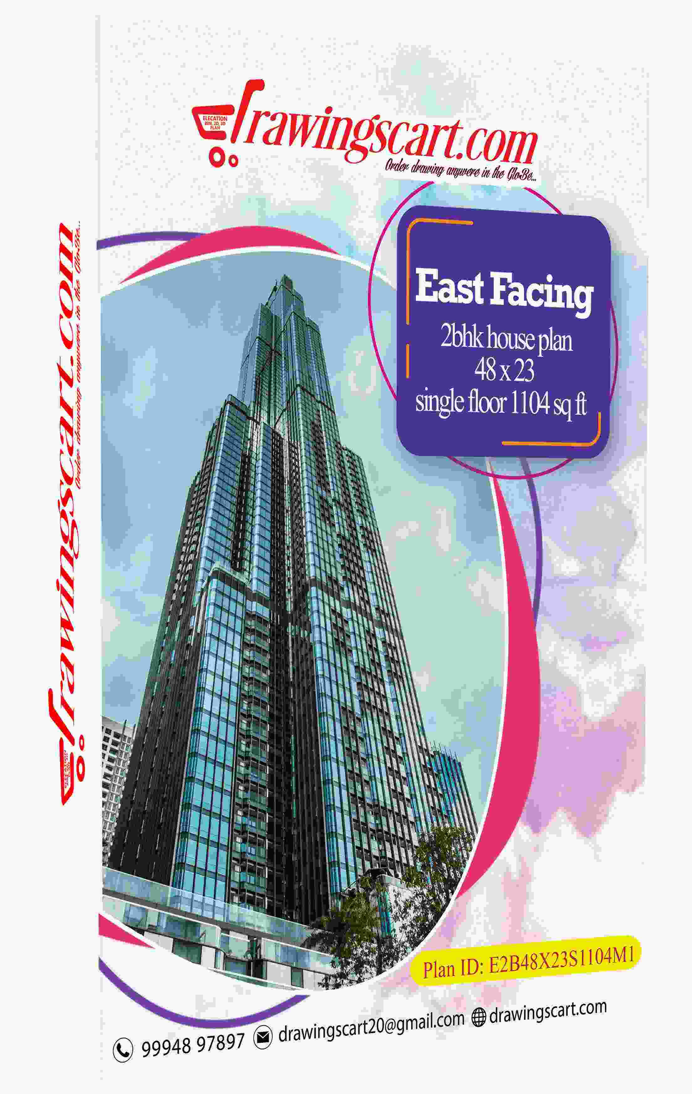 Contemporary East Facing 2BHK House Plan - Single Floor, 48x23, 1104 sq ft 