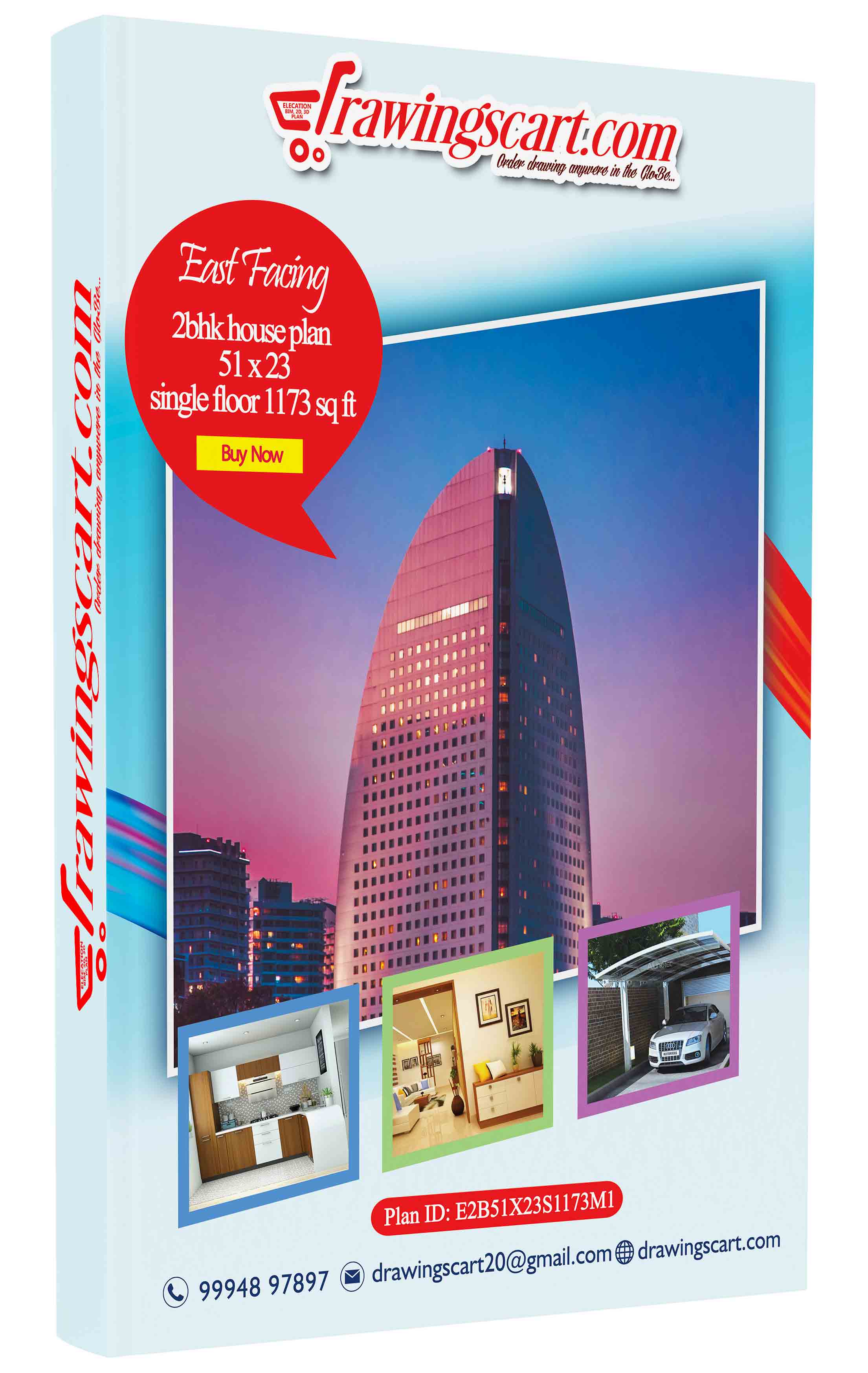 Modern East Facing 2BHK House Plan - Single Floor, 51x23, 1173 sq ft 