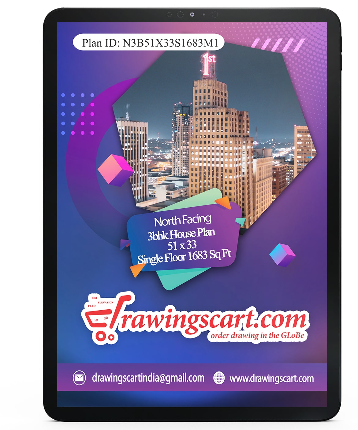 51x33 North Facing 3BHK House Plan 1683 sq. ft with Dining Hall - Single Floor | 