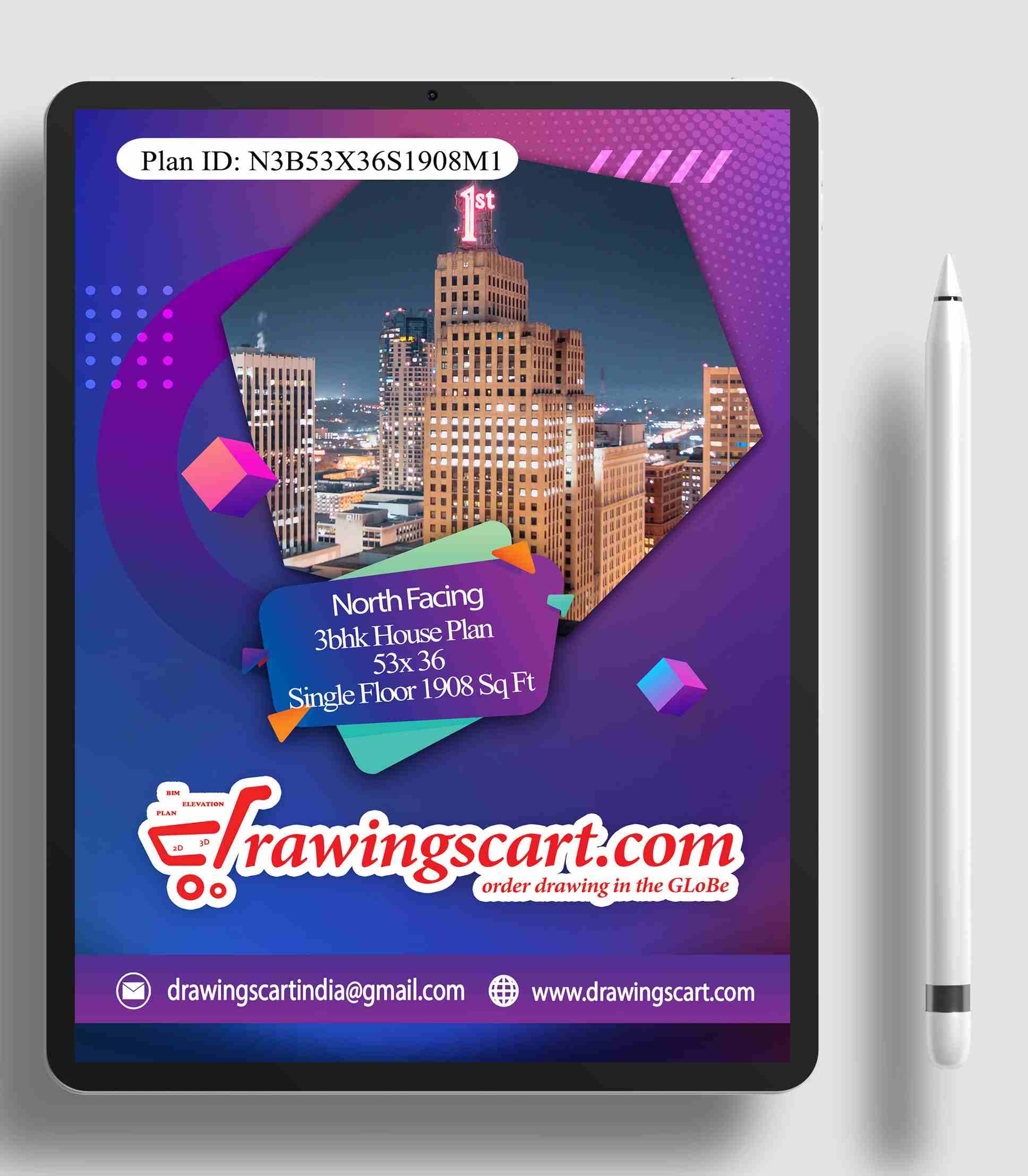 53x36 North Facing 3BHK House Plan  1908 sq. ft  - Single Floor 