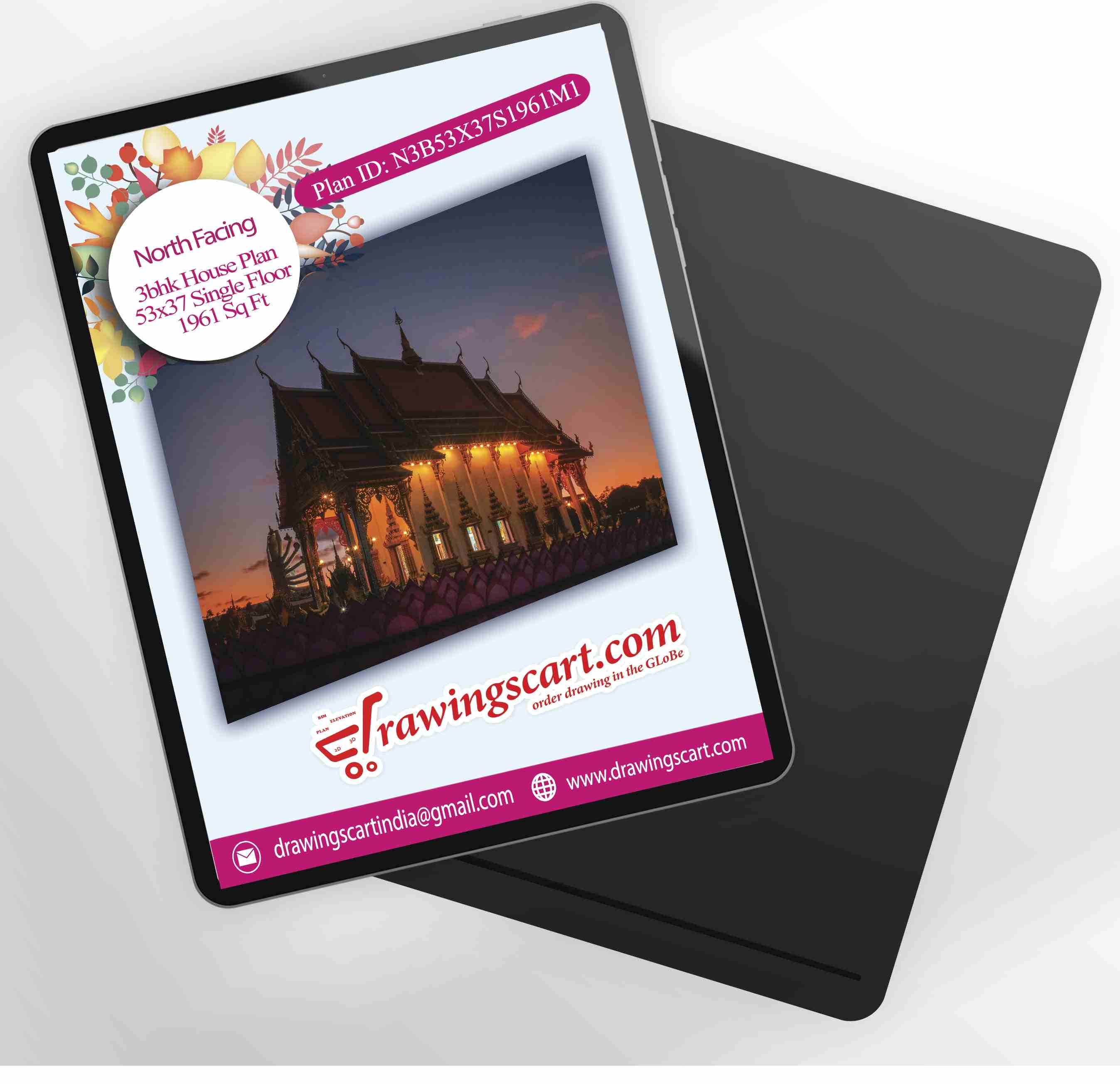 53x37 North Facing 3BHK House Plan 1961 sq. ft with Pooja Room - Single Floor 