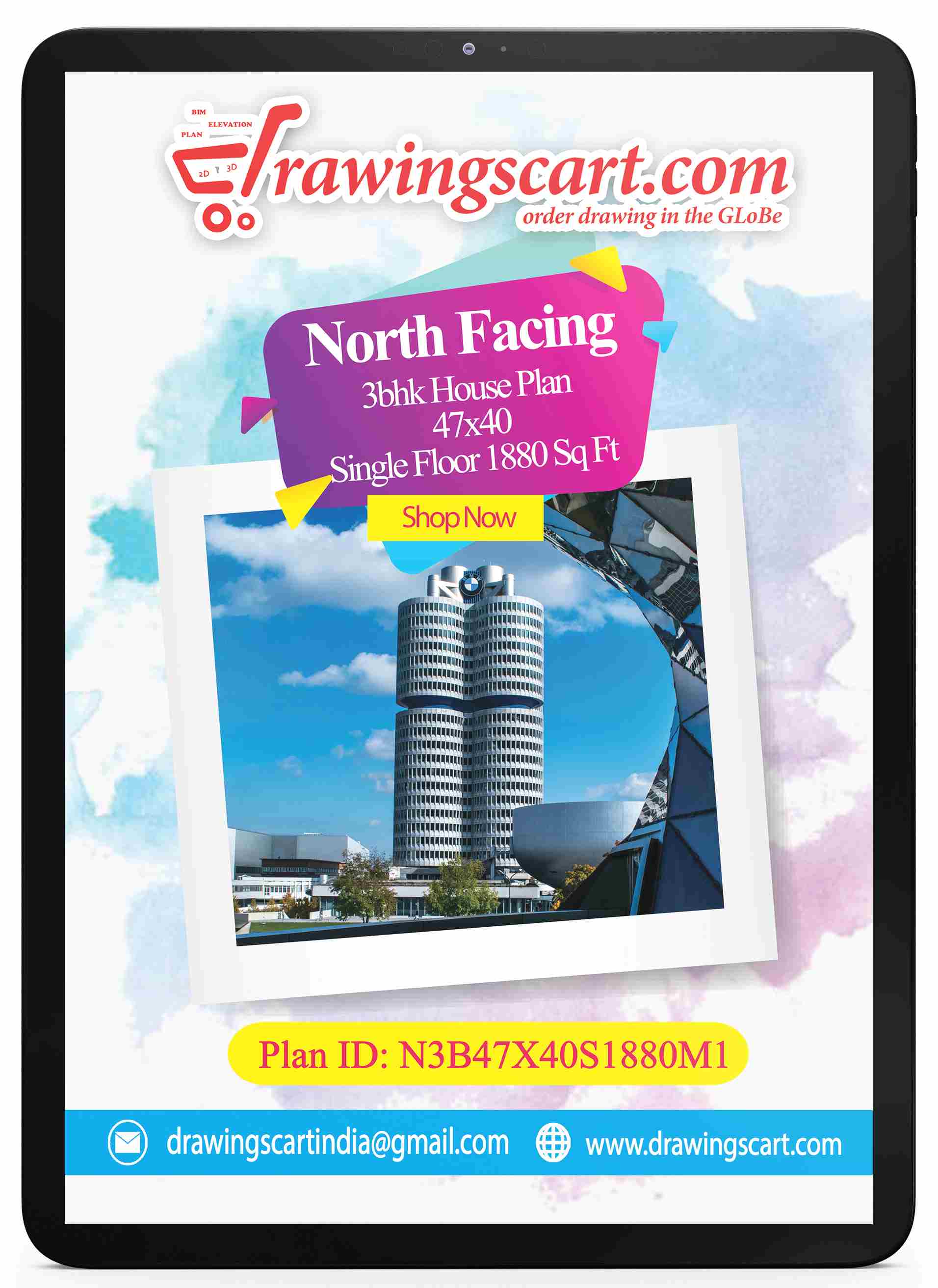 1880 sq. ft North Facing 3 BHK House Plan - 47x40 Design 