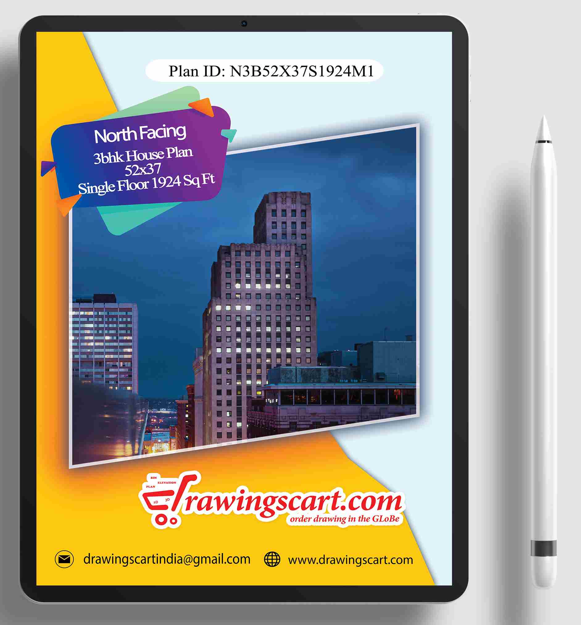 Spacious 1924 sq. ft. North Facing 3BHK Kerala Vastu House Plan | 52x37 Single Floor 