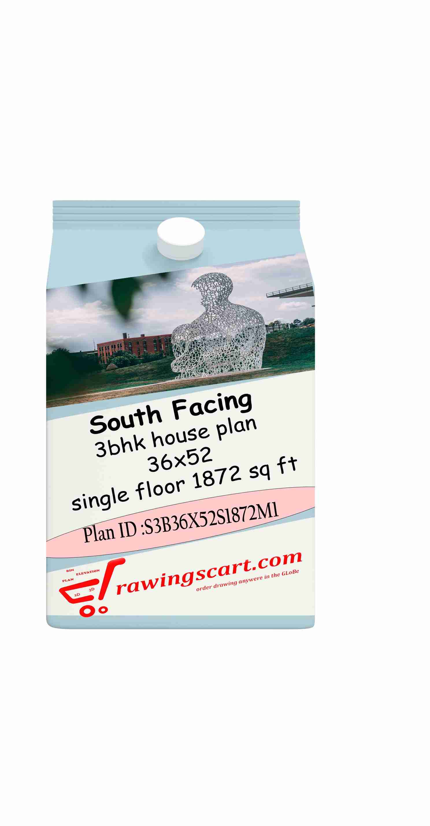 36x52 | South Facing 3 BHK House Plan 1872 Sq. Ft - Single Floor with Car Parking 