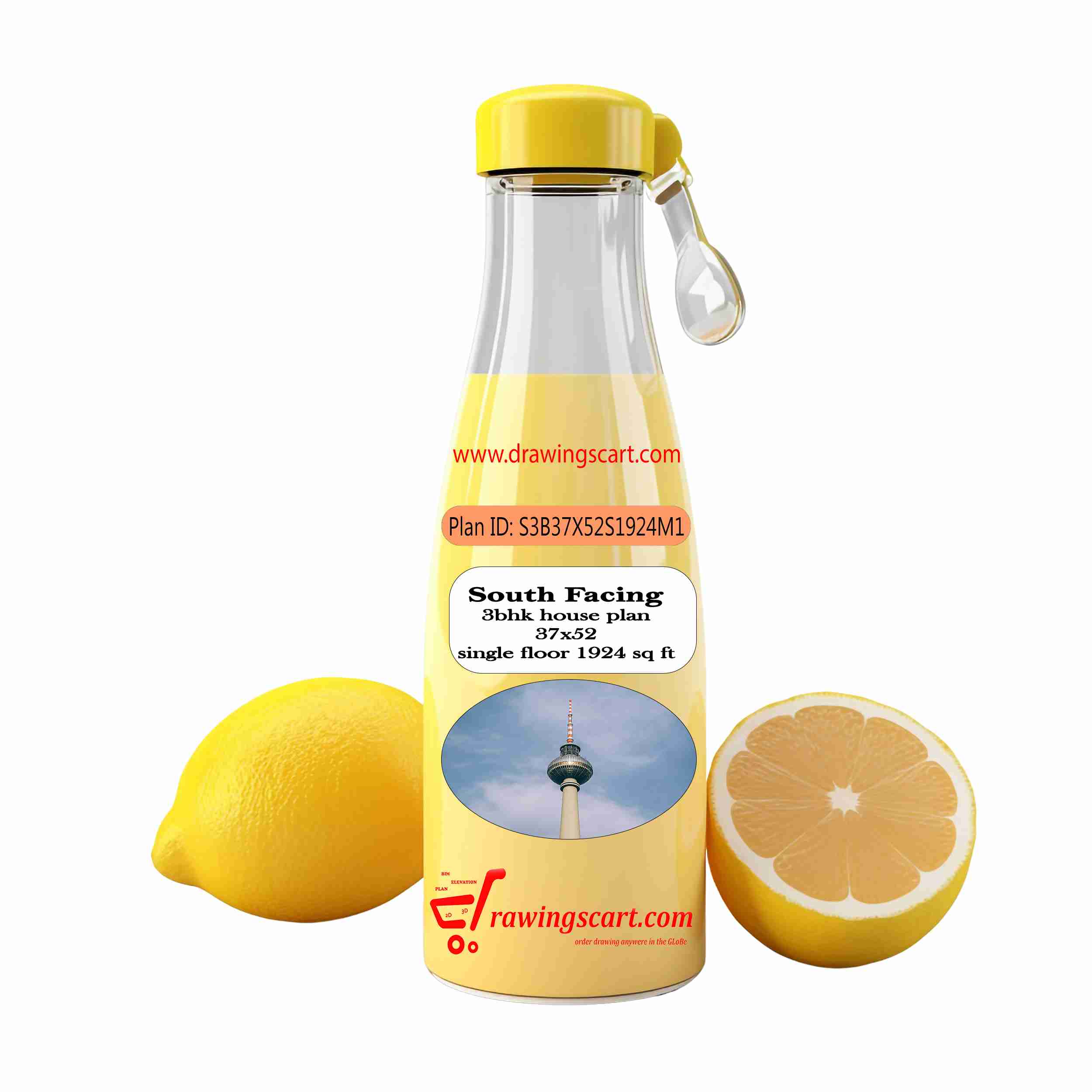 37x52 | South Facing 3 BHK House Plan 1924 Sq. Ft - Single Floor with Car Parking | 