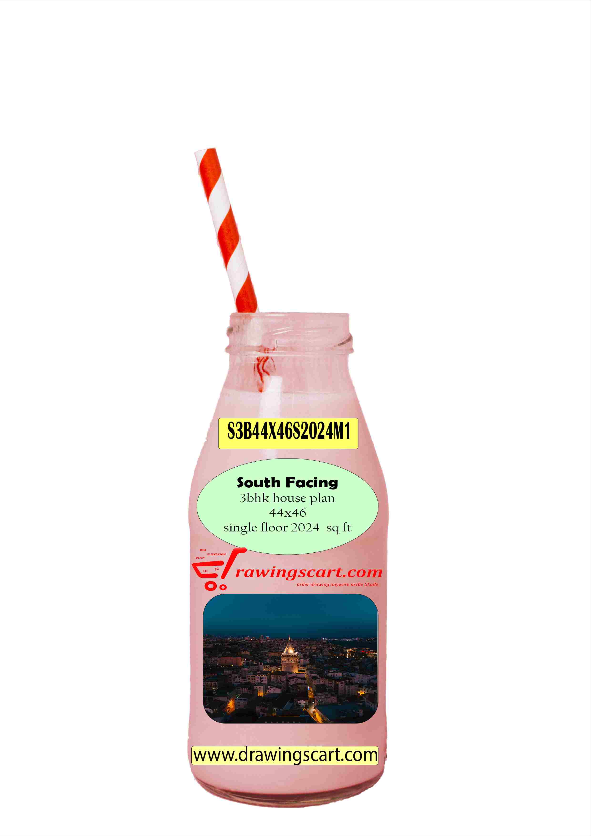 Modern South Facing 3 BHK House Plan online australia: Single Floor, 44x46, 2024 Sqft with Living Hall 