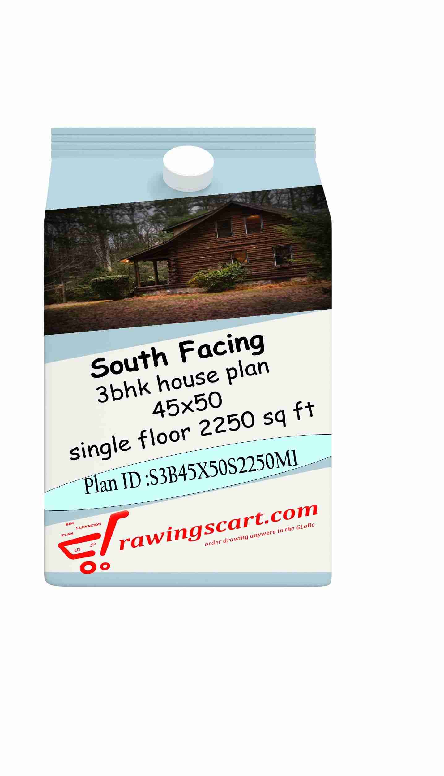 45x50 | South Facing 3 BHK House Plan 2250 Sq. Ft - Single Floor with Car Parking 