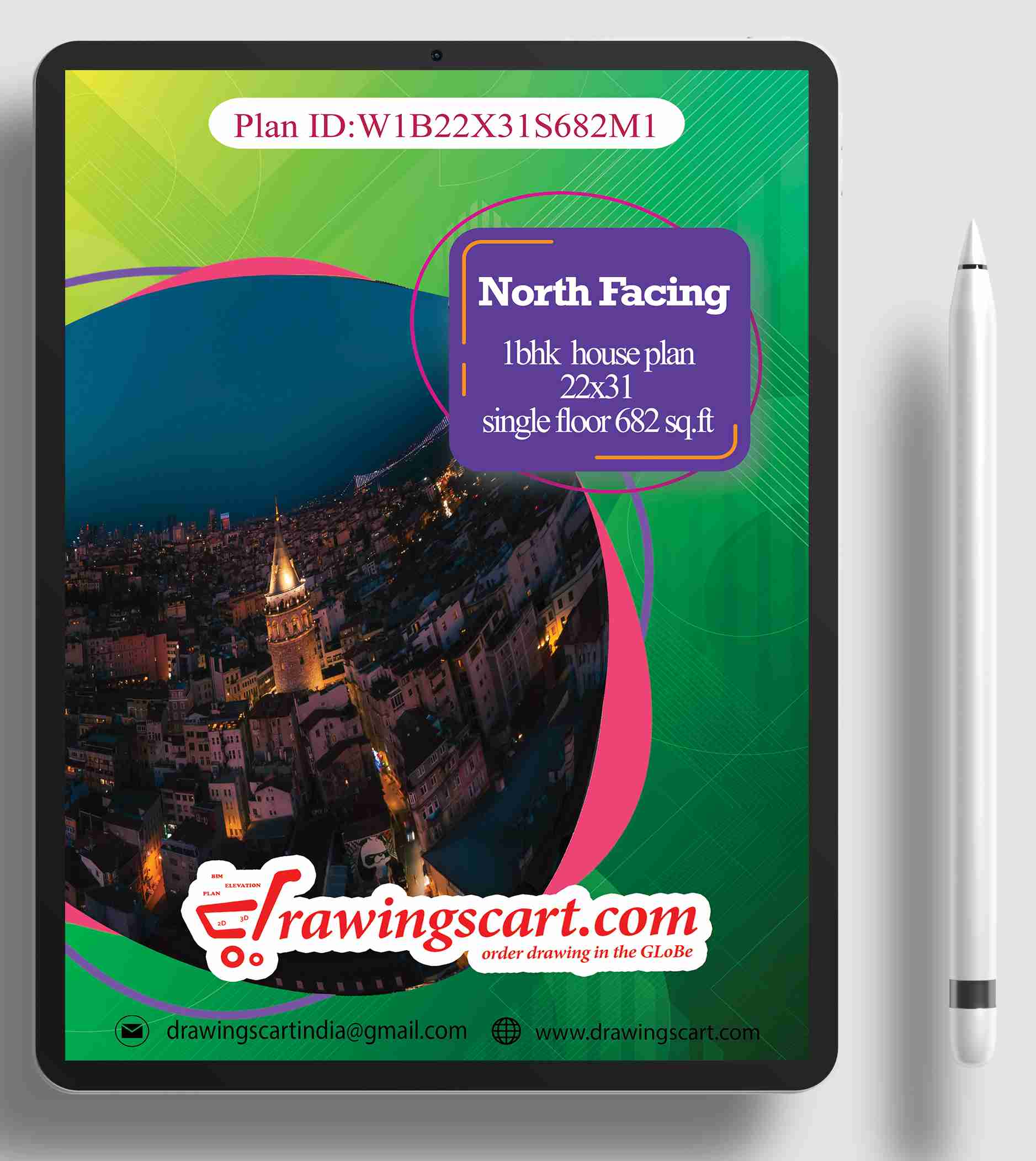 22x31 West Facing 1BHK Small  House Plan 682 sq.ft with Living Hall - Single Floor 