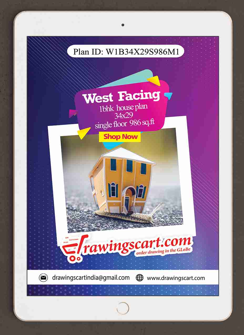 34x29| West Facing 1BHK Simple  House Plan|986 Sq. Ft - Single Floor with Living Hall 